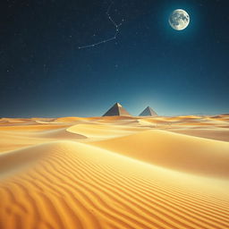 A vibrant and surreal landscape depicting a timeless desert with sand dunes stretching as far as the eye can see, under a starry night sky