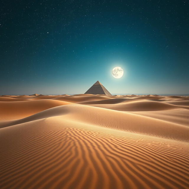 A vibrant and surreal landscape depicting a timeless desert with sand dunes stretching as far as the eye can see, under a starry night sky