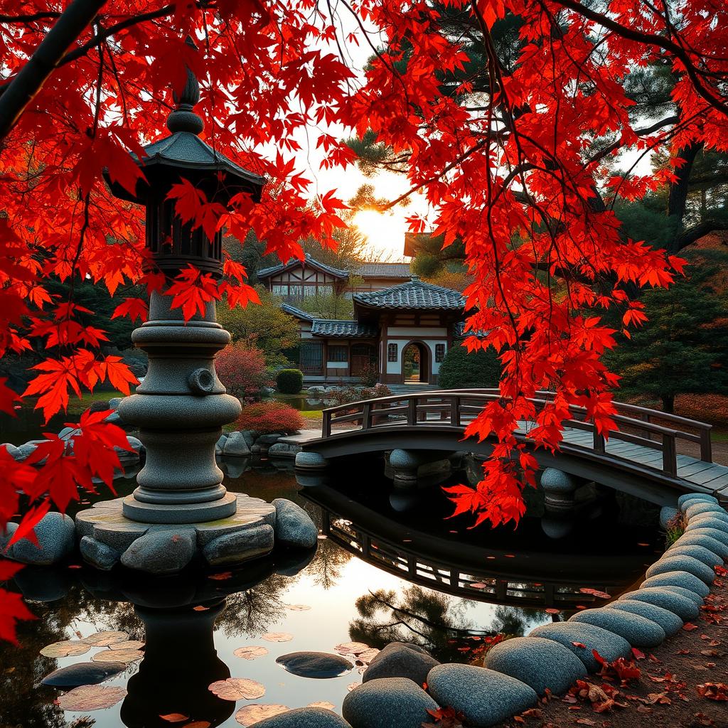 A tranquil Japanese garden during autumn, showcasing vibrant red and orange maple leaves gently falling around a traditional stone lantern