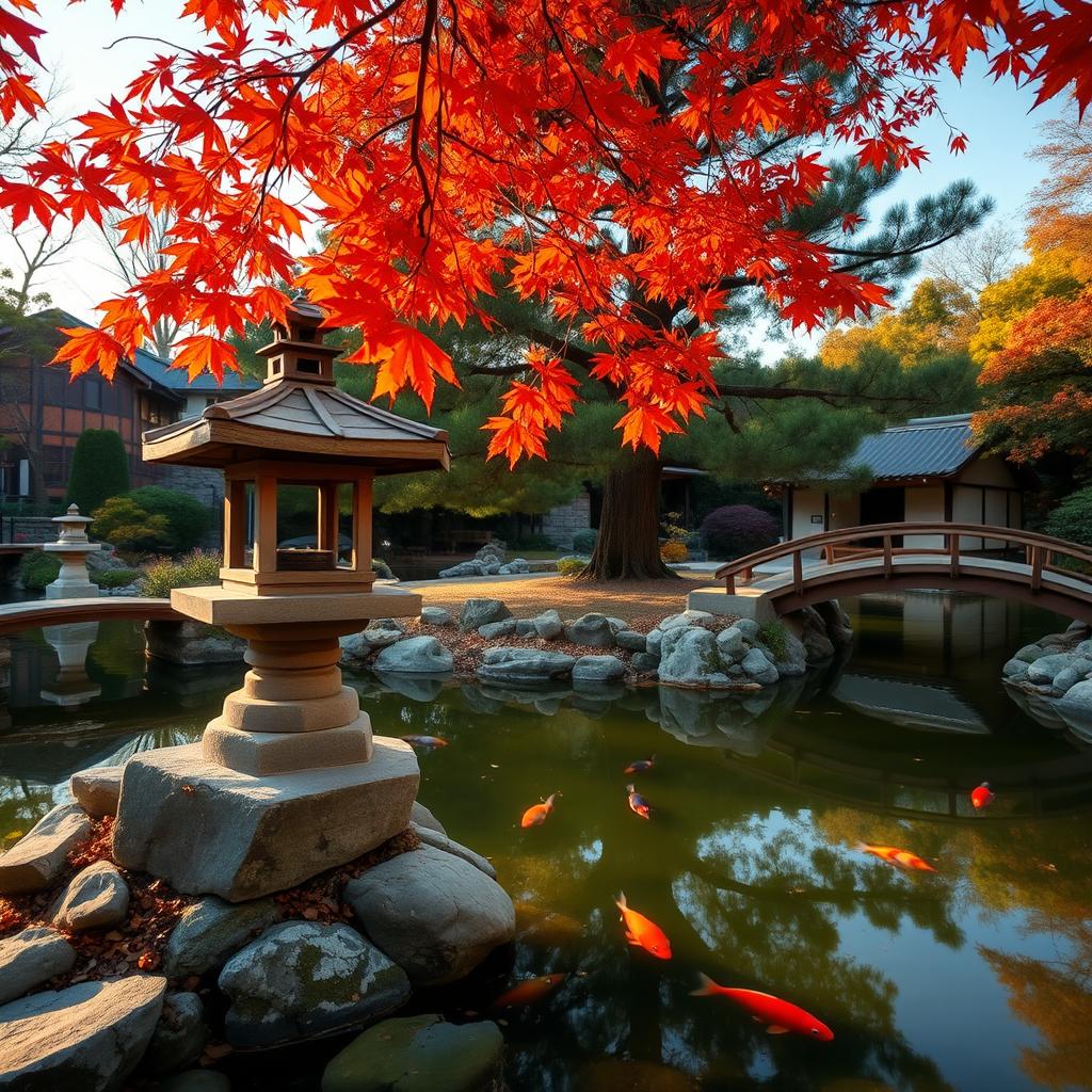 A tranquil Japanese garden during autumn, showcasing vibrant red and orange maple leaves gently falling around a traditional stone lantern