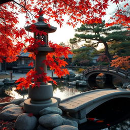 A tranquil Japanese garden during autumn, showcasing vibrant red and orange maple leaves gently falling around a traditional stone lantern