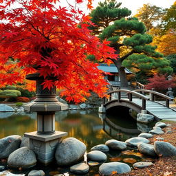 A tranquil Japanese garden during autumn, showcasing vibrant red and orange maple leaves gently falling around a traditional stone lantern