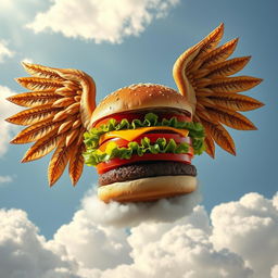 A whimsical hamburger with wings, floating in the sky