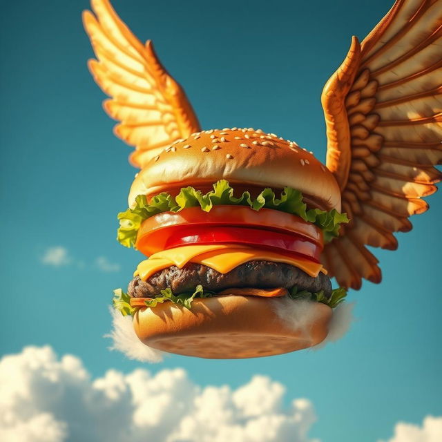 A whimsical hamburger with wings, floating in the sky