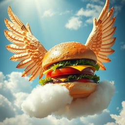 A whimsical hamburger with wings, floating in the sky