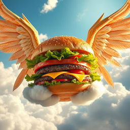 A whimsical hamburger with wings, floating in the sky