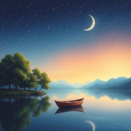 Create an imaginative artwork featuring a serene landscape at dusk