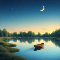 Create an imaginative artwork featuring a serene landscape at dusk