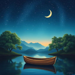 Create an imaginative artwork featuring a serene landscape at dusk