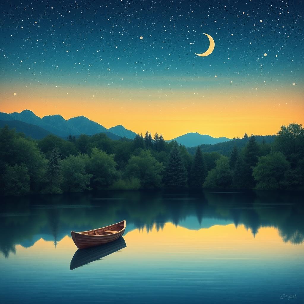 Create an imaginative artwork featuring a serene landscape at dusk