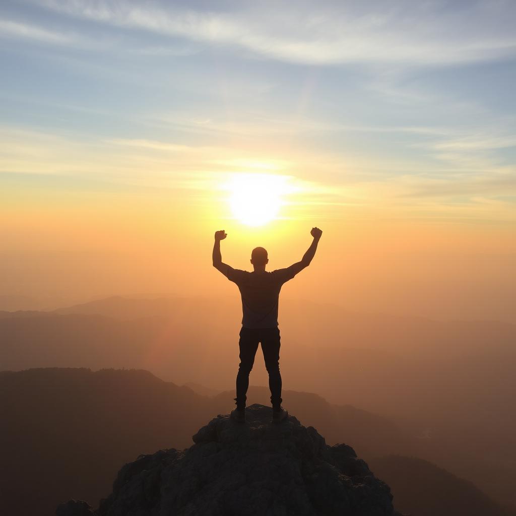 A person standing strong and determined on a mountain peak, surrounded by breathtaking views