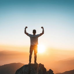 A person standing strong and determined on a mountain peak, surrounded by breathtaking views