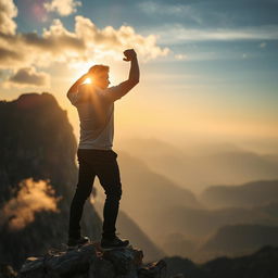 A person standing strong and determined on a mountain peak, surrounded by breathtaking views