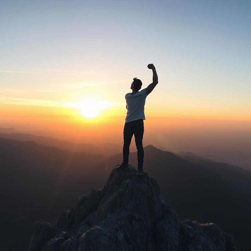 A person standing strong and determined on a mountain peak, surrounded by breathtaking views