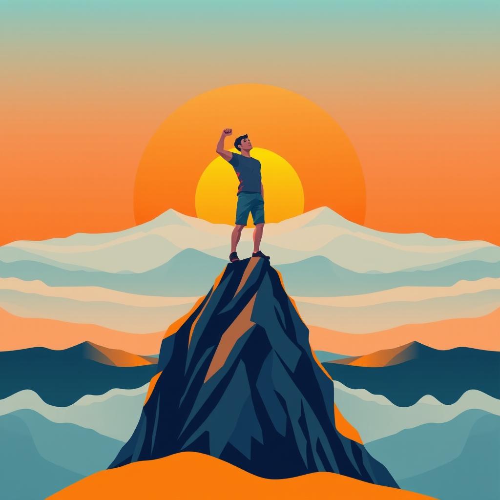 A vector illustration of a person standing determined on a mountain peak, exuding strength and resilience