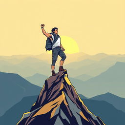 A vector illustration of a person standing determined on a mountain peak, exuding strength and resilience