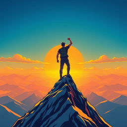 A vector illustration of a person standing determined on a mountain peak, exuding strength and resilience