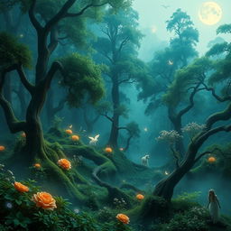 A magical forest with luminous flora, shimmering lakes, and ethereal creatures, like unicorns and forest sprites