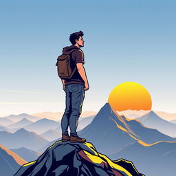 A vector illustration of a person standing determined on a mountain peak, exuding strength and resilience