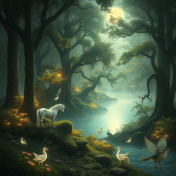 A magical forest with luminous flora, shimmering lakes, and ethereal creatures, like unicorns and forest sprites