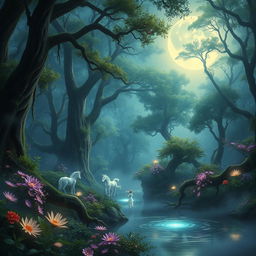 A magical forest with luminous flora, shimmering lakes, and ethereal creatures, like unicorns and forest sprites