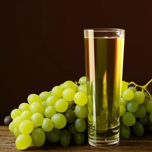 A clear glass filled with grape juice placed beside a beautiful design made from freshly-plucked grapes, both resting on a rustic wooden table.