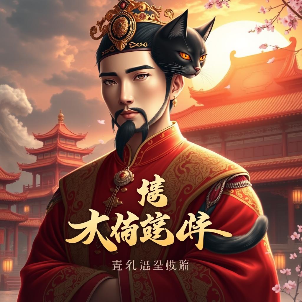 A captivating novel cover for a Chinese story titled 鮮滿宮堂 featuring an emperor with regal attire and an aura of nobility, who has the magical ability to transform into a sleek, majestic cat