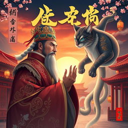 A captivating novel cover for a Chinese story titled 鮮滿宮堂 featuring an emperor with regal attire and an aura of nobility, who has the magical ability to transform into a sleek, majestic cat