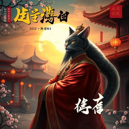 A captivating novel cover for a Chinese story titled 鮮滿宮堂 featuring an emperor with regal attire and an aura of nobility, who has the magical ability to transform into a sleek, majestic cat