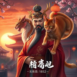 A captivating novel cover for a Chinese story titled 鮮滿宮堂 featuring an emperor with regal attire and an aura of nobility, who has the magical ability to transform into a sleek, majestic cat