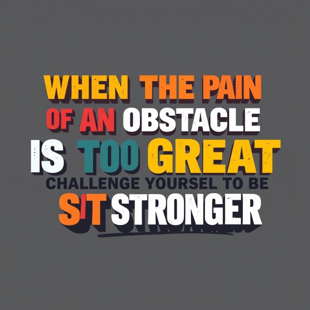 A vector word art design of the phrase 'When the pain of an obstacle is too great, challenge yourself to be stronger'