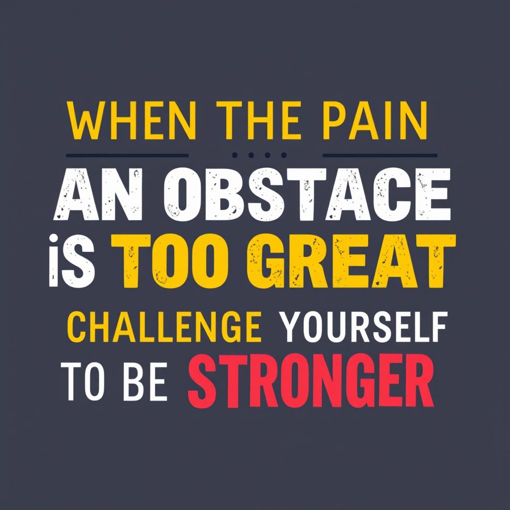 A vector word art design of the phrase 'When the pain of an obstacle is too great, challenge yourself to be stronger'