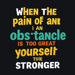 A vector word art design of the phrase 'When the pain of an obstacle is too great, challenge yourself to be stronger'