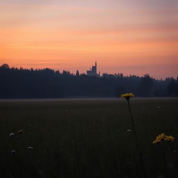 A serene view of an open field leading to a mystical forest in the background