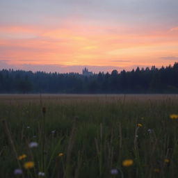 A serene view of an open field leading to a mystical forest in the background