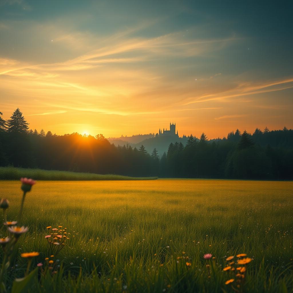 A serene view of an open field leading to a mystical forest in the background