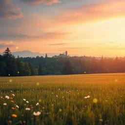 A serene view of an open field leading to a mystical forest in the background