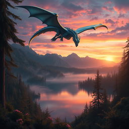 A stunning mythical scene featuring a majestic dragon flying above a pristine lake within a dense, enchanted forest