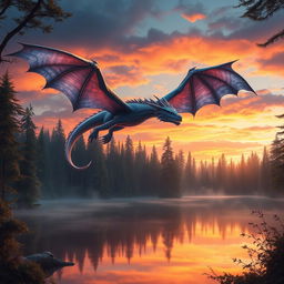 A stunning mythical scene featuring a majestic dragon flying above a pristine lake within a dense, enchanted forest