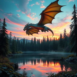 A stunning mythical scene featuring a majestic dragon flying above a pristine lake within a dense, enchanted forest