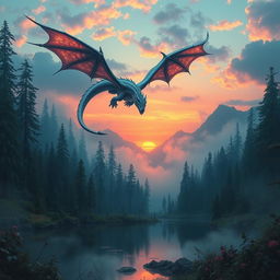 A stunning mythical scene featuring a majestic dragon flying above a pristine lake within a dense, enchanted forest