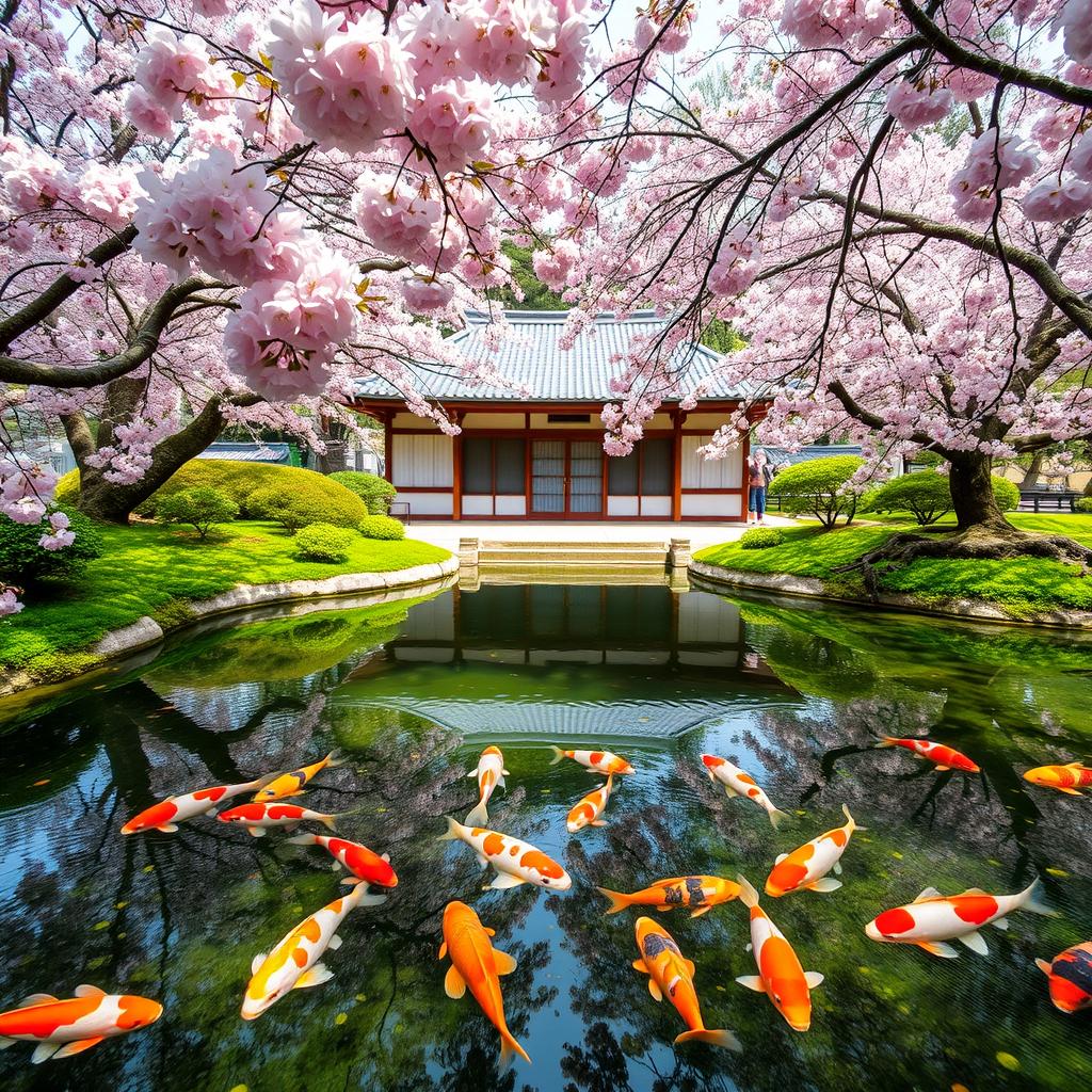 A serene Japanese garden with a koi pond in the foreground