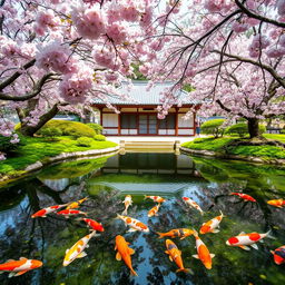 A serene Japanese garden with a koi pond in the foreground