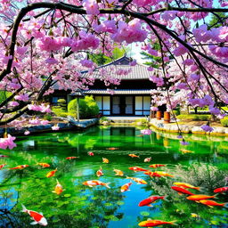 A serene Japanese garden with a koi pond in the foreground