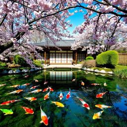 A serene Japanese garden with a koi pond in the foreground