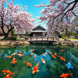 A serene Japanese garden with a koi pond in the foreground