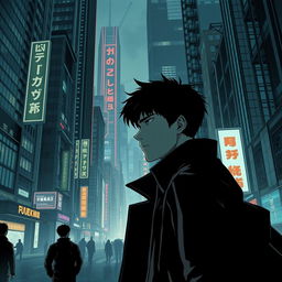 A dark, sci-fi city scene from a manhwa, featuring a young male protagonist moving through the shadowy streets of a futuristic metropolis