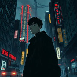 A dark, sci-fi city scene from a manhwa, featuring a young male protagonist moving through the shadowy streets of a futuristic metropolis