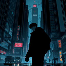 A dark, sci-fi city scene from a manhwa, featuring a young male protagonist moving through the shadowy streets of a futuristic metropolis