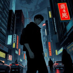 A dark, sci-fi city scene from a manhwa, featuring a young male protagonist moving through the shadowy streets of a futuristic metropolis